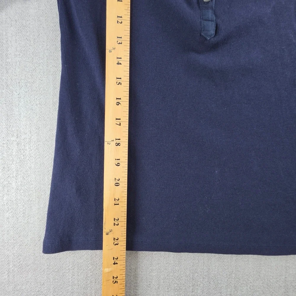 LOFT Henley Top Womens Medium Navy Blue Eyelet Lace Puff Sleeve Ribbed Knit‎